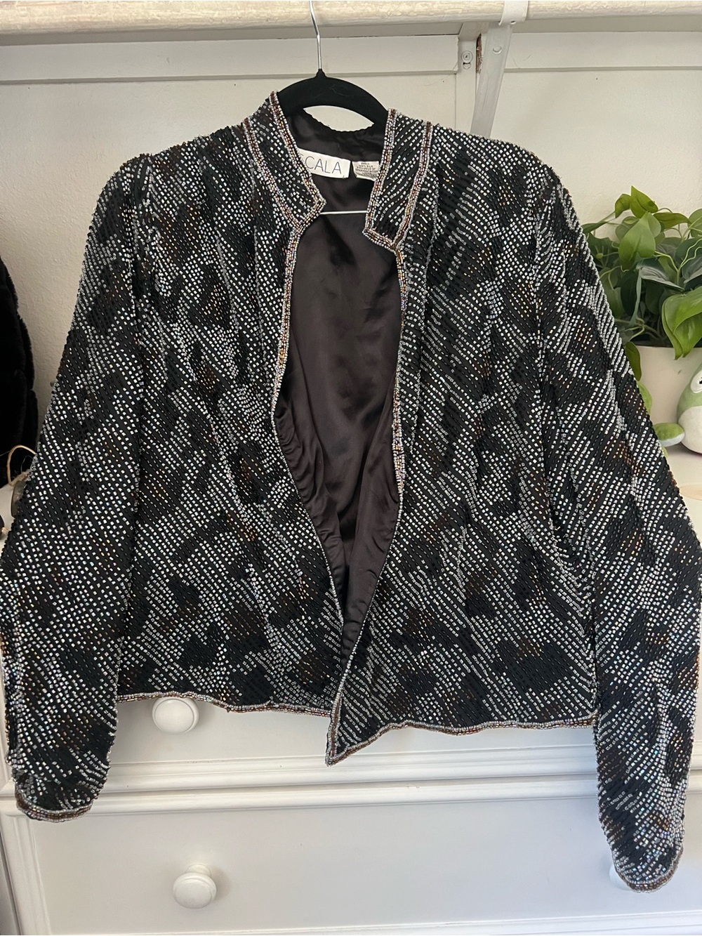 Scala Black and Silver Beaded Open-Front Jacket Size L